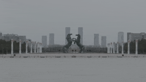 Soviet-era statue of two horses rearing. From inner mongolia, A city abandoned in China due to the mines clearing up.