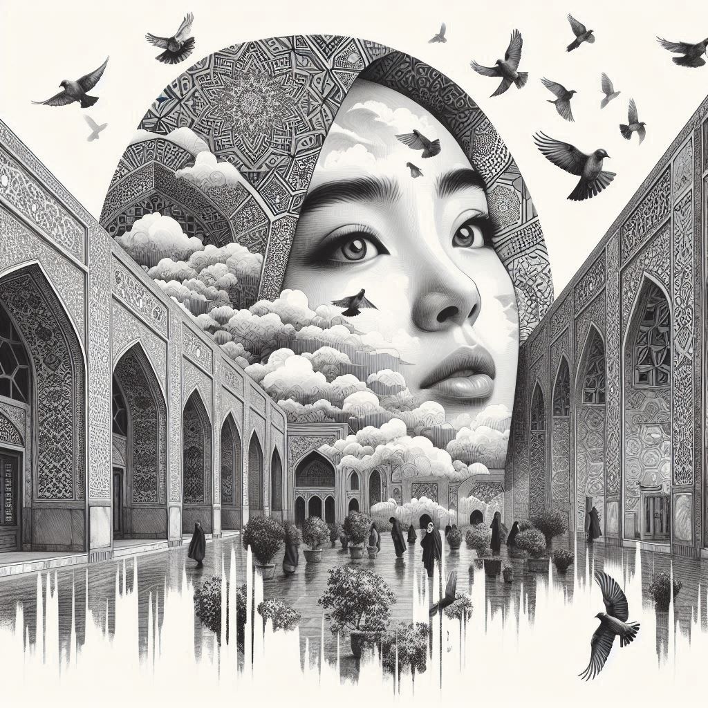 Iranian architecture blends with quiet spaces and repetitive art. A person’s expression, Vietnamese woman, is reflected against background art patterns and clouds, with a small garden courtyard in Arak’s bazaar and morphed archways of Isfahan’s Naqsh-e Jahan Square mosques. Playful sparrows dart and dive. Wispy wings. Inviting reflection in MC Escher watercolor style. Black and white.