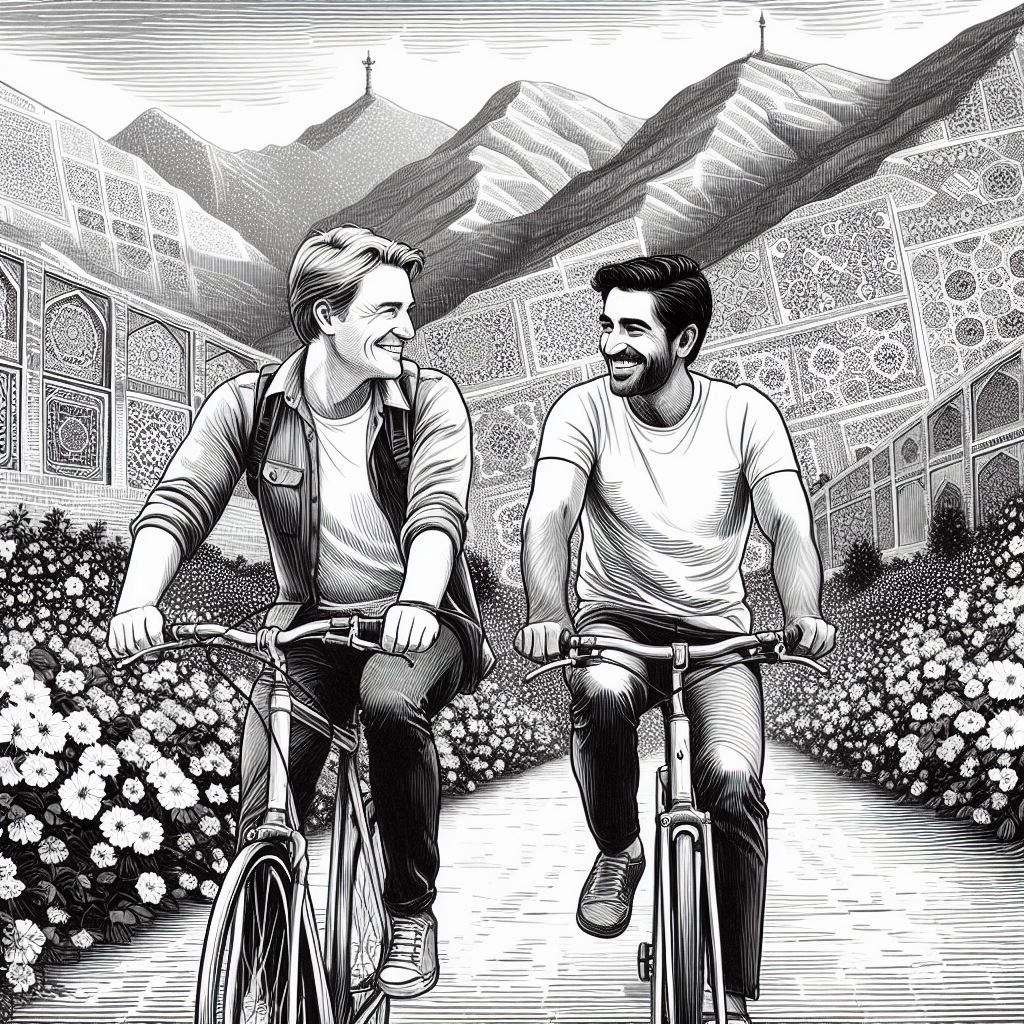 I would like to have a picture sketch in black and white of two friends different in appearance. One Australian man and the other Iranian man ages 25 and 40. We are riding on two bicycles down a steep mountain road covered with flowers. They are smiling at each other. The mountain is covered with tiled patterns of Shiraz architecture.