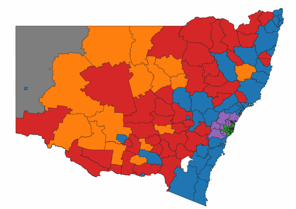 Map of NSW with colour coded council types